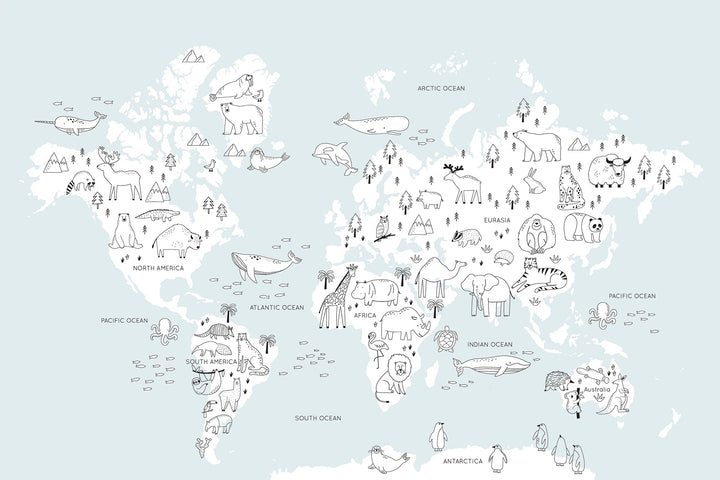 Papier Peint Carte du Monde Illustrée pour Enfants - Kam et Léon