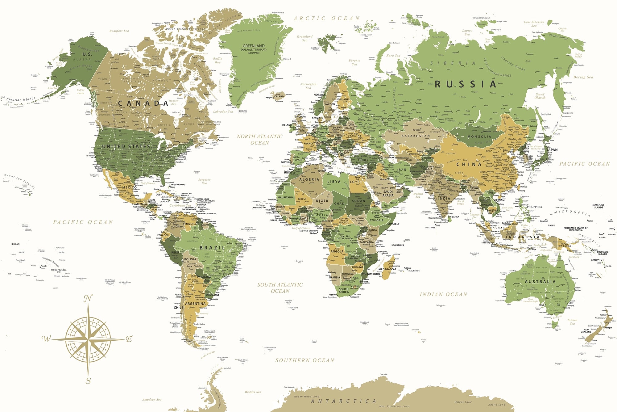 Papier Peint Carte du Monde Vert et Beige