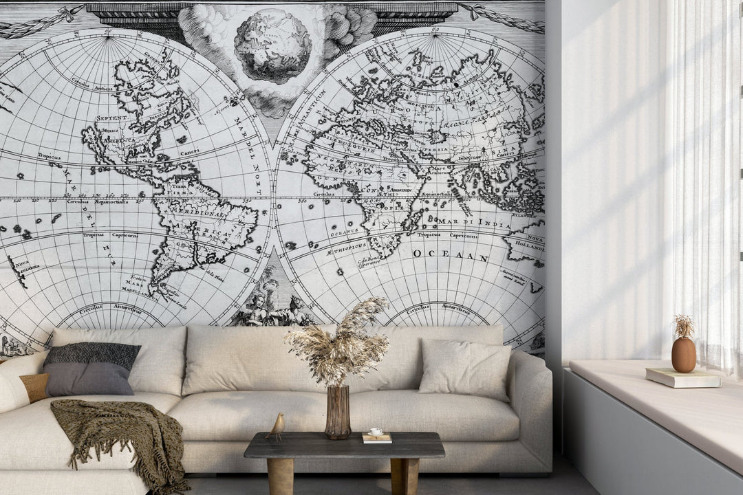 Papier Peint Carte Du Monde Vintage Noir et Blanc - Kam & Leon
