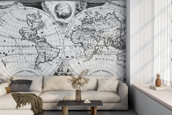 Papier Peint Carte Du Monde Vintage Noir et Blanc - Kam & Leon