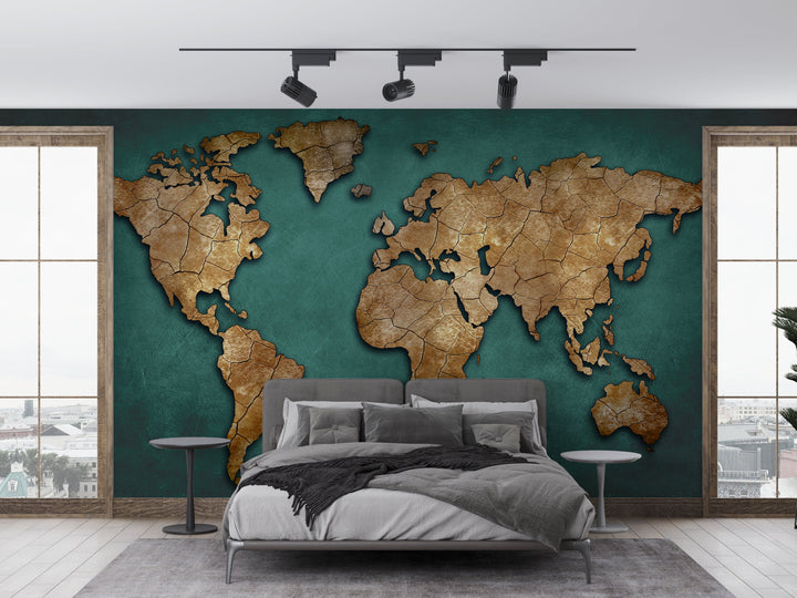 Papier Peint Carte Du Monde Vintage Vert Émeraude - Kam et Léon