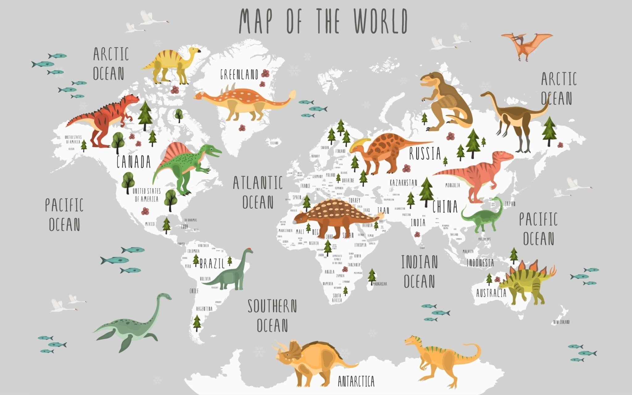 Dinosaurs children's map wallpaper
