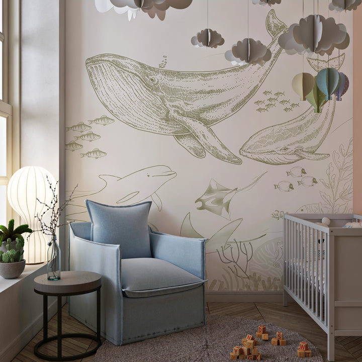 Papier peint chambre bébé Baleines & Océans Doux