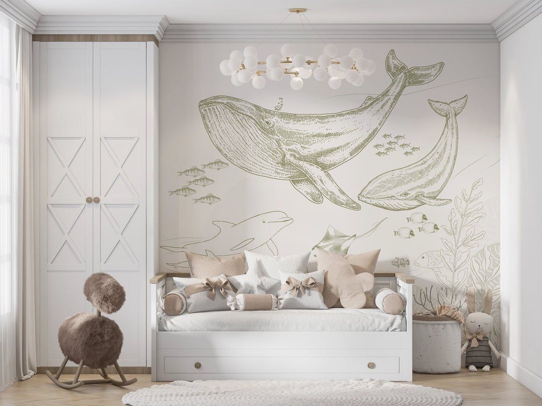 Papier peint chambre bébé Baleines & Océans Doux