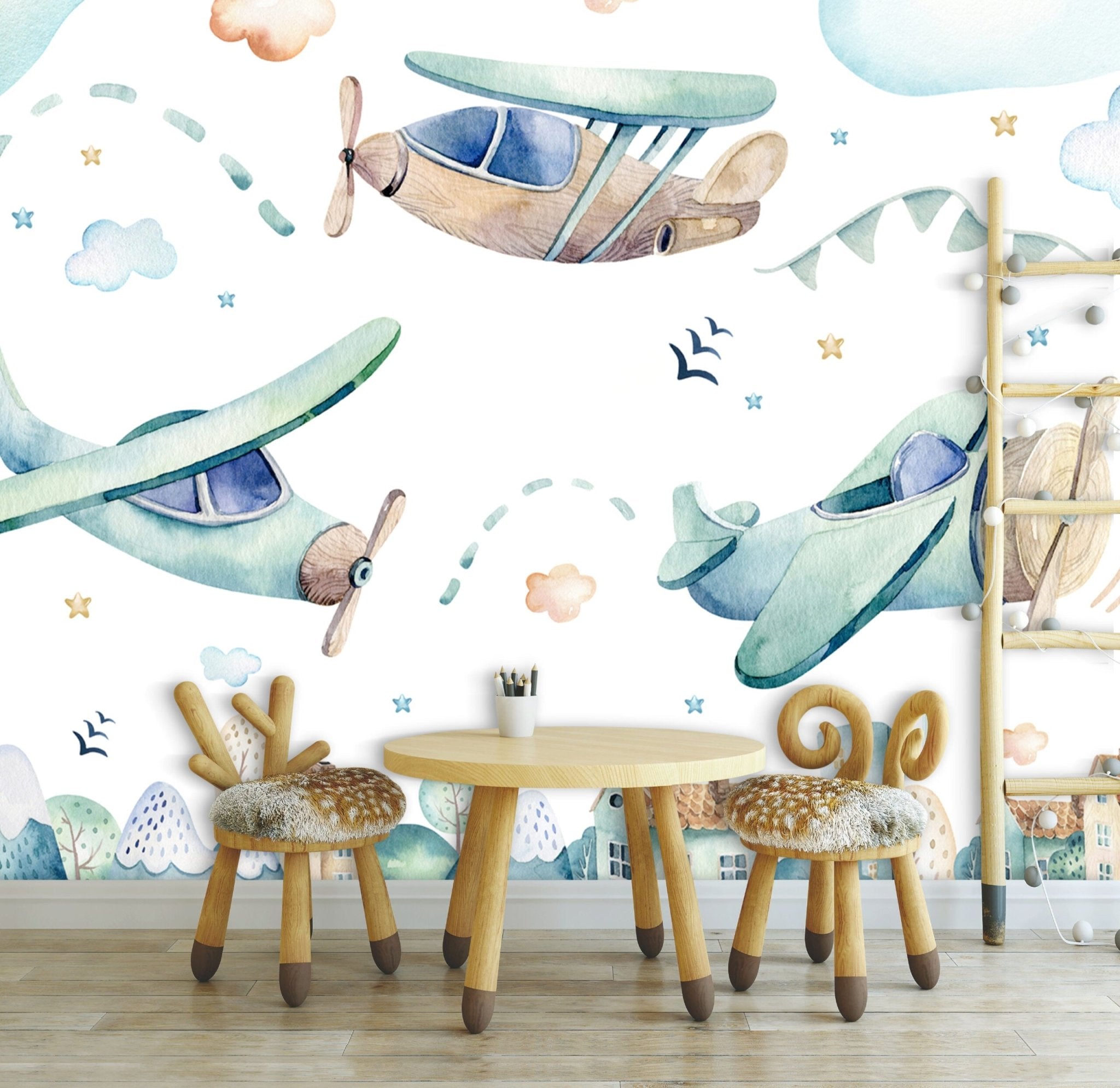 Papier peint chambre enfant avions bleus - Kam & Leon