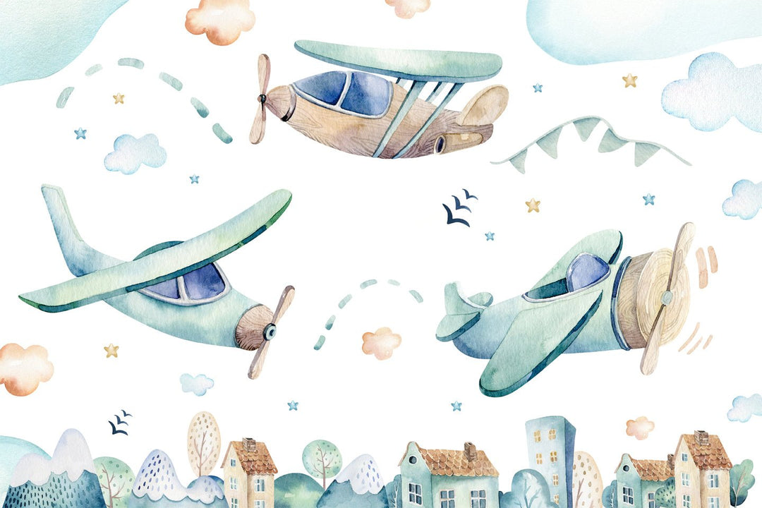 Papier peint chambre enfant avions bleus - Kam & Leon