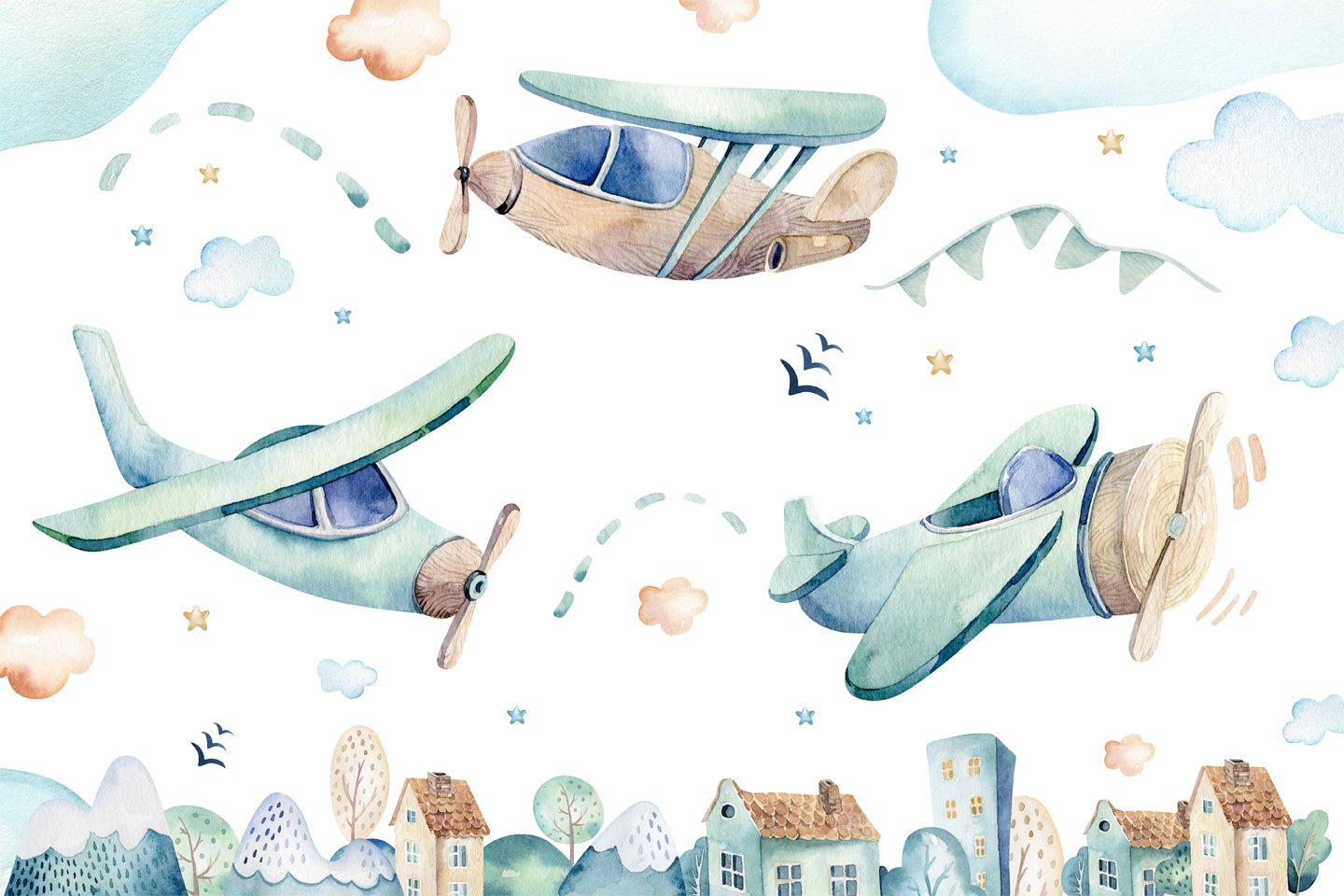Papier peint chambre enfant avions bleus