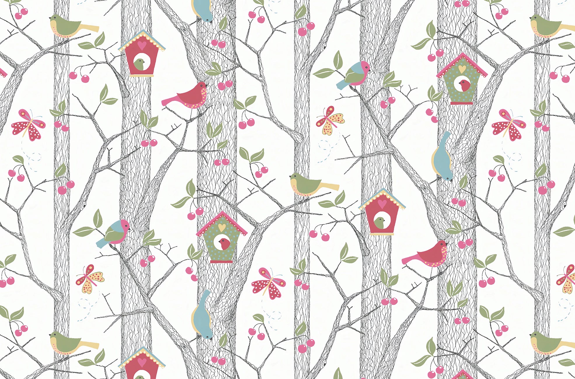 Papier peint chambre enfant Forêt Illustrée aux Oiseaux