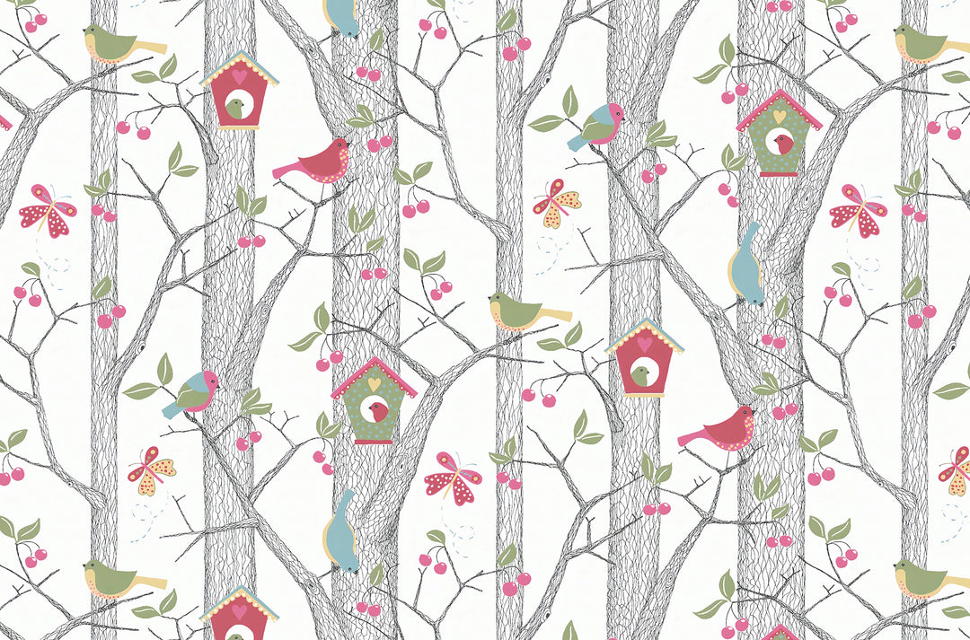 Papier peint chambre enfant Forêt Illustrée aux Oiseaux