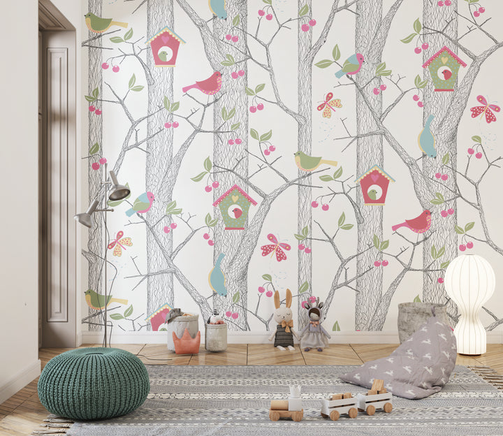 Papier peint chambre enfant Forêt Illustrée aux Oiseaux