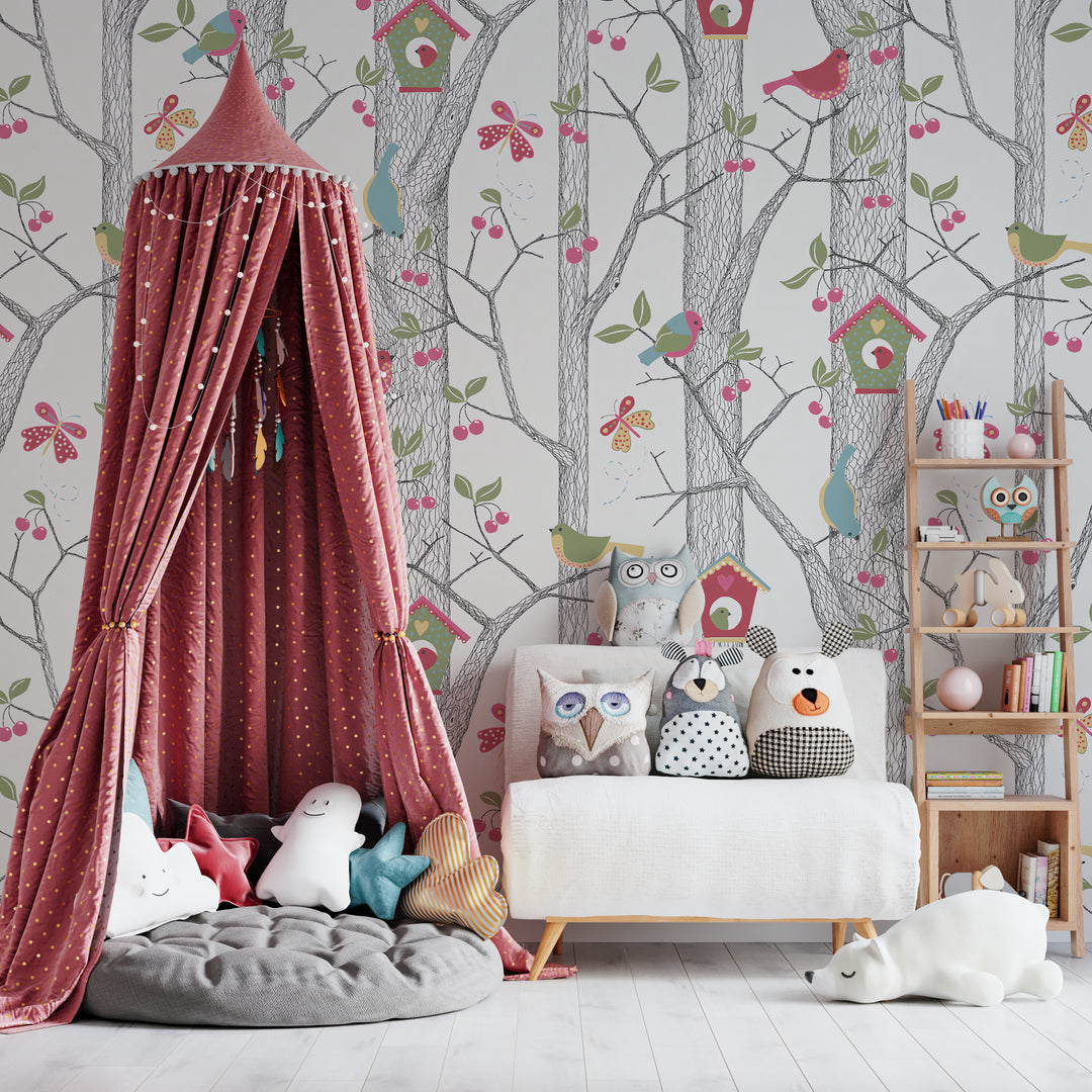 Papier peint chambre enfant Forêt Illustrée aux Oiseaux