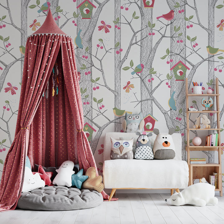 Papier peint chambre enfant Forêt Illustrée aux Oiseaux