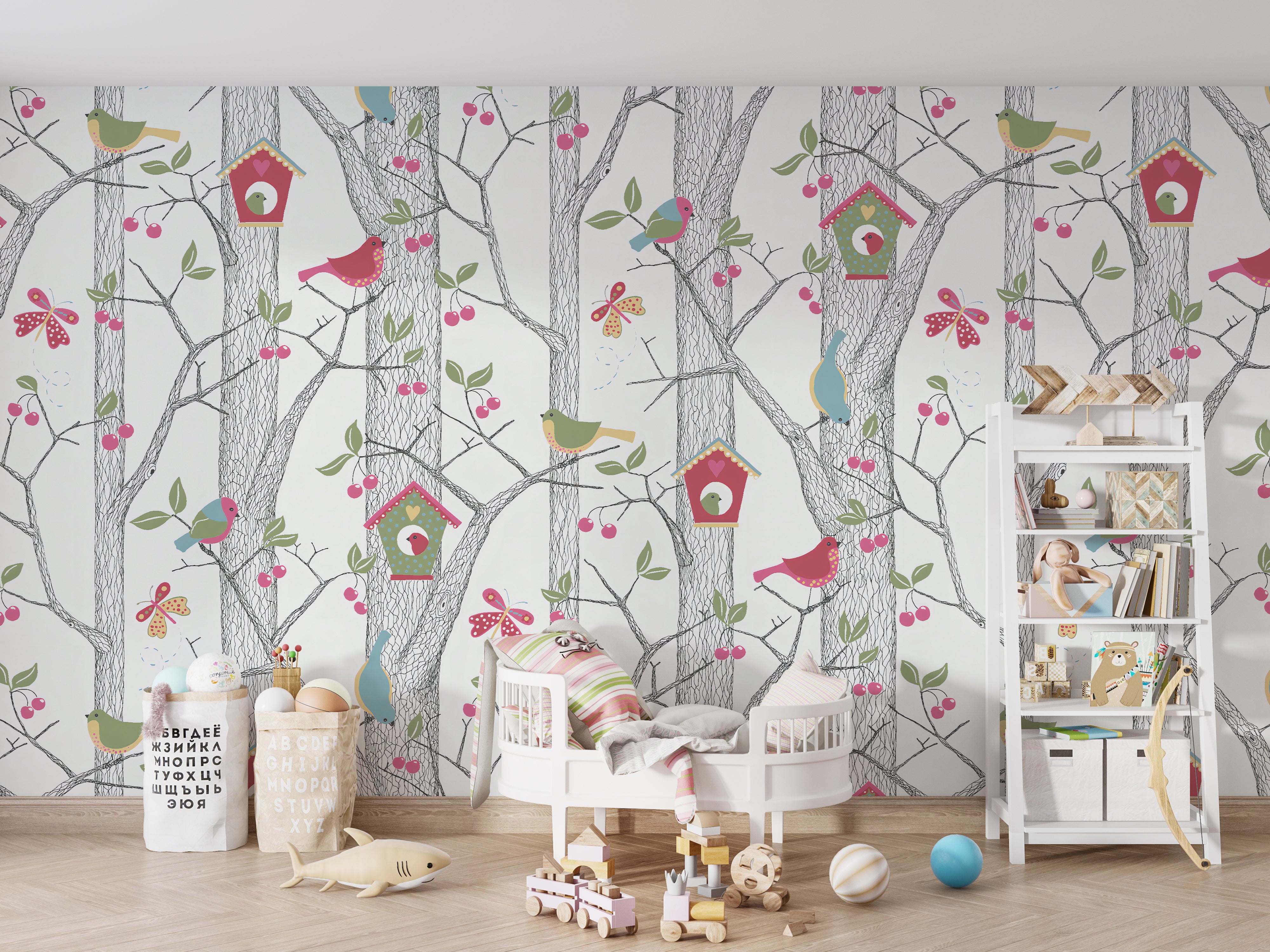 Papier peint chambre enfant Forêt Illustrée aux Oiseaux