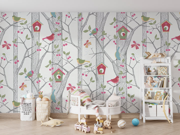 Papier peint chambre enfant Forêt Illustrée aux Oiseaux