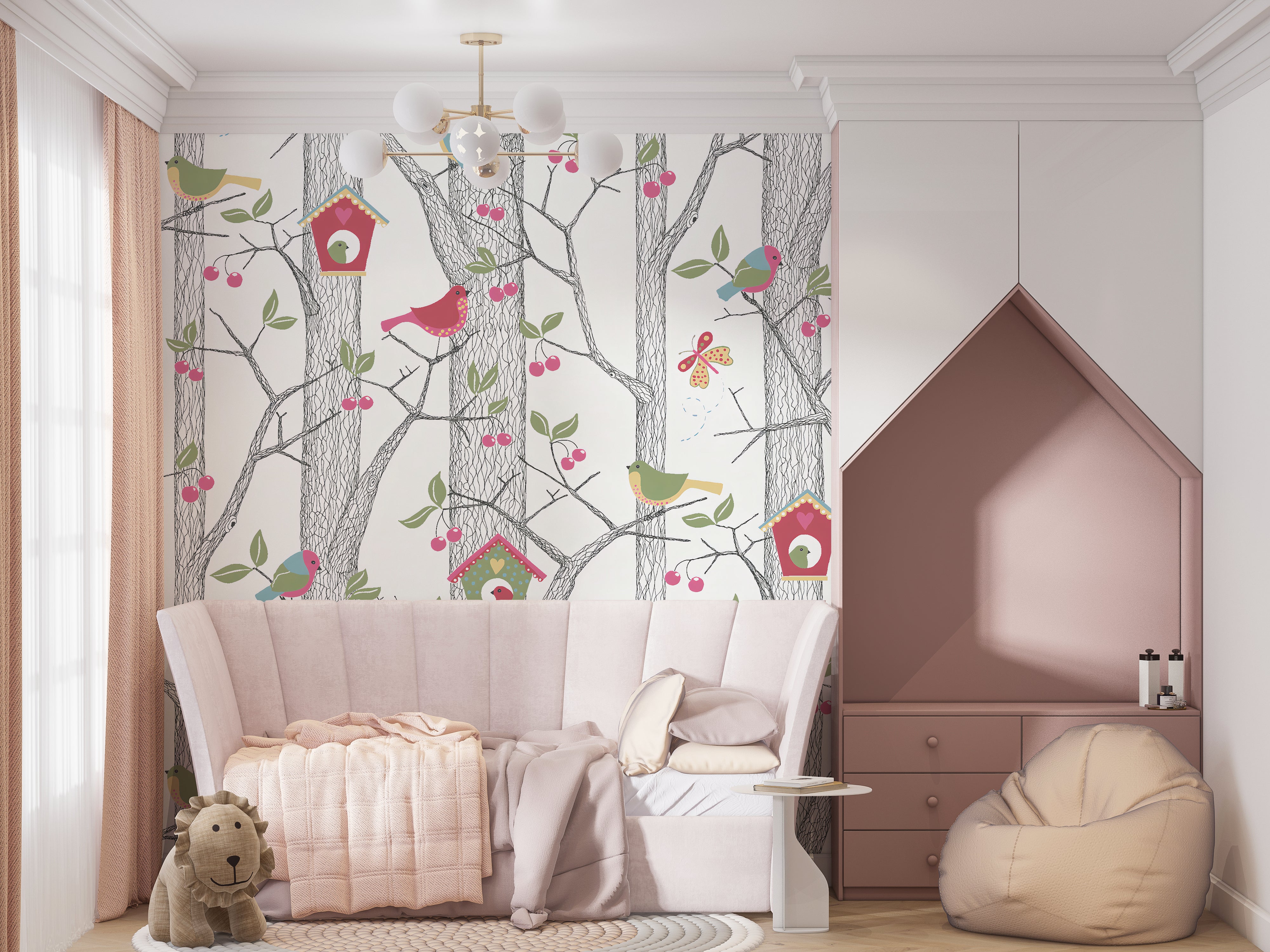 Papier peint chambre enfant Forêt Illustrée aux Oiseaux