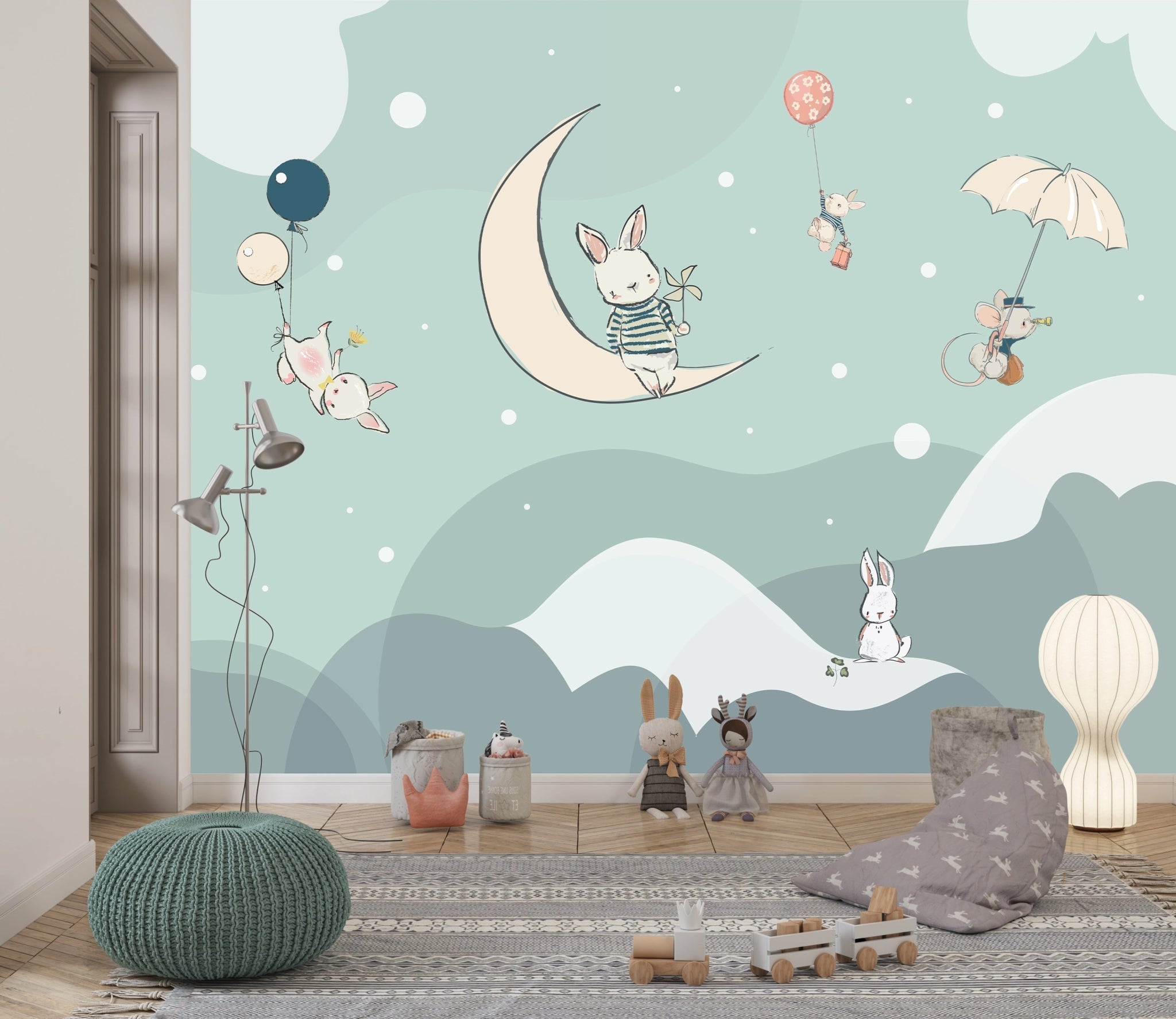 Papier Peint Chambre Enfant Lapin Sur La Lune - Kam & Leon