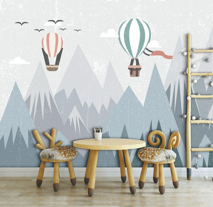 Papier peint chambre enfant montgolfières au-dessus des montagnes - Kam & Leon