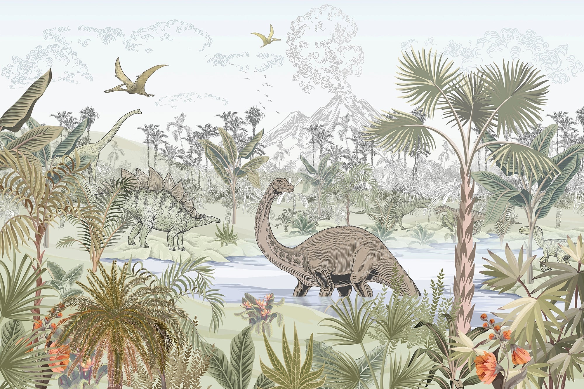 Papier Peint Dinosaures dans la Jungle Préhistorique - Kam et Léon