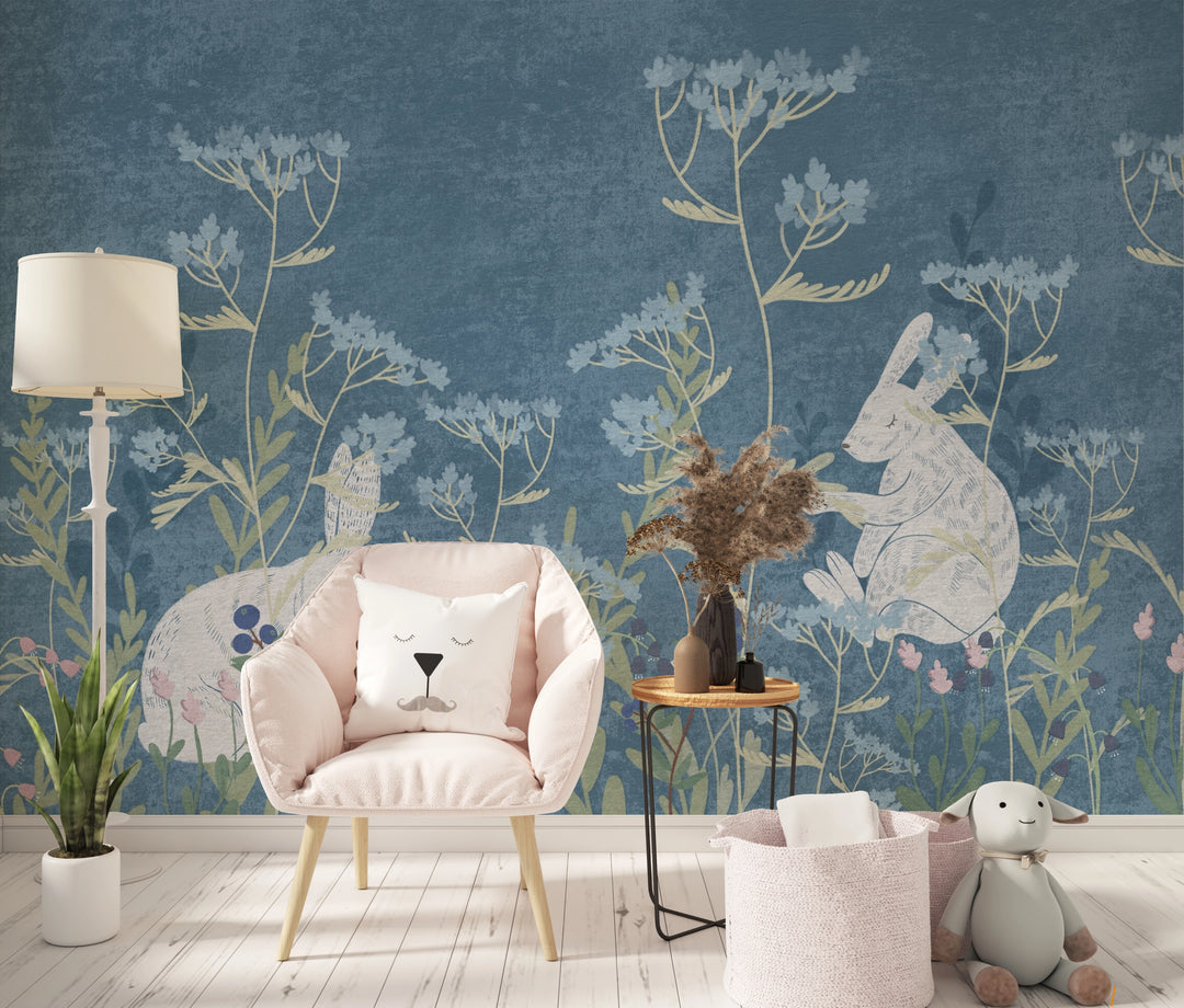 Papel Pintado Infantil – Conejos y Flores Silvestres 
