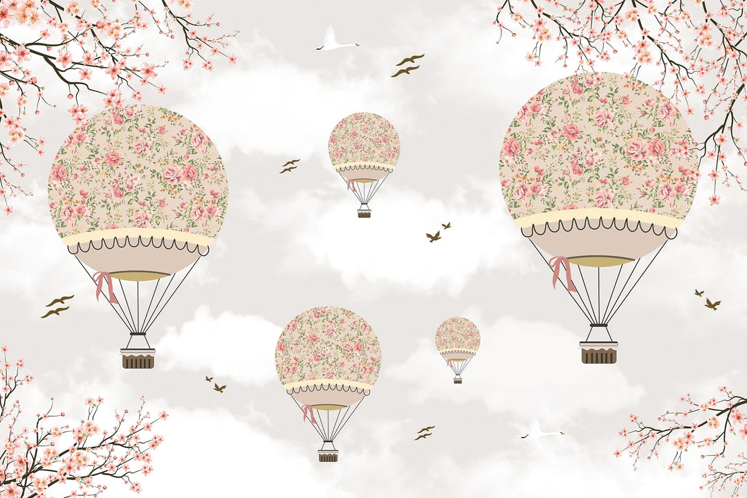 Papier Peint Enfant Montgolfières Roses - Kam et Léon