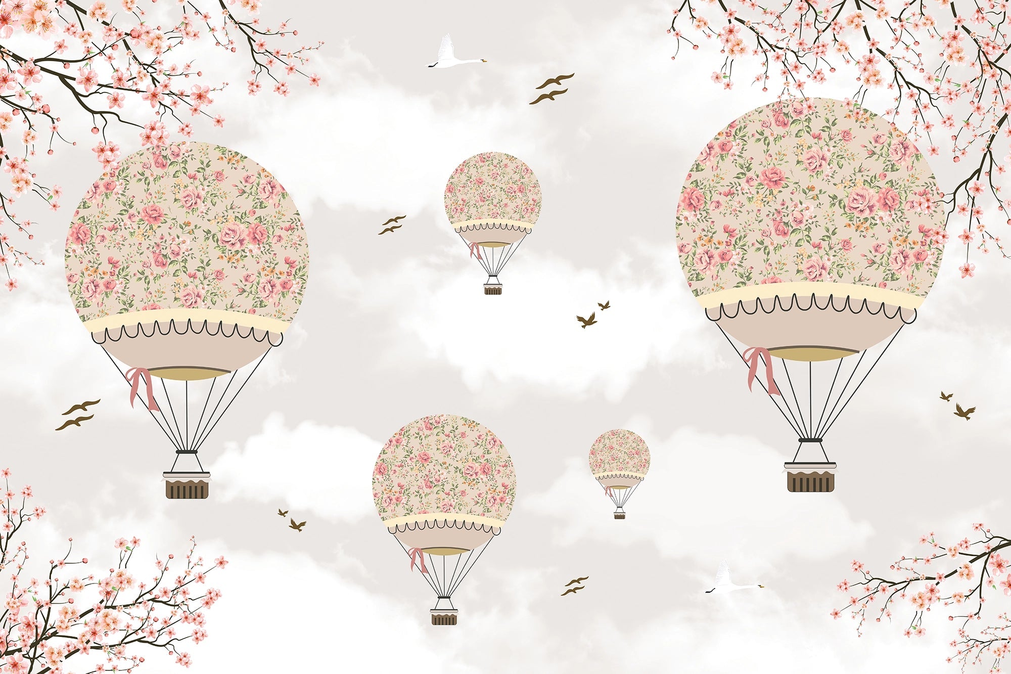 Papier Peint Enfant Montgolfières Roses