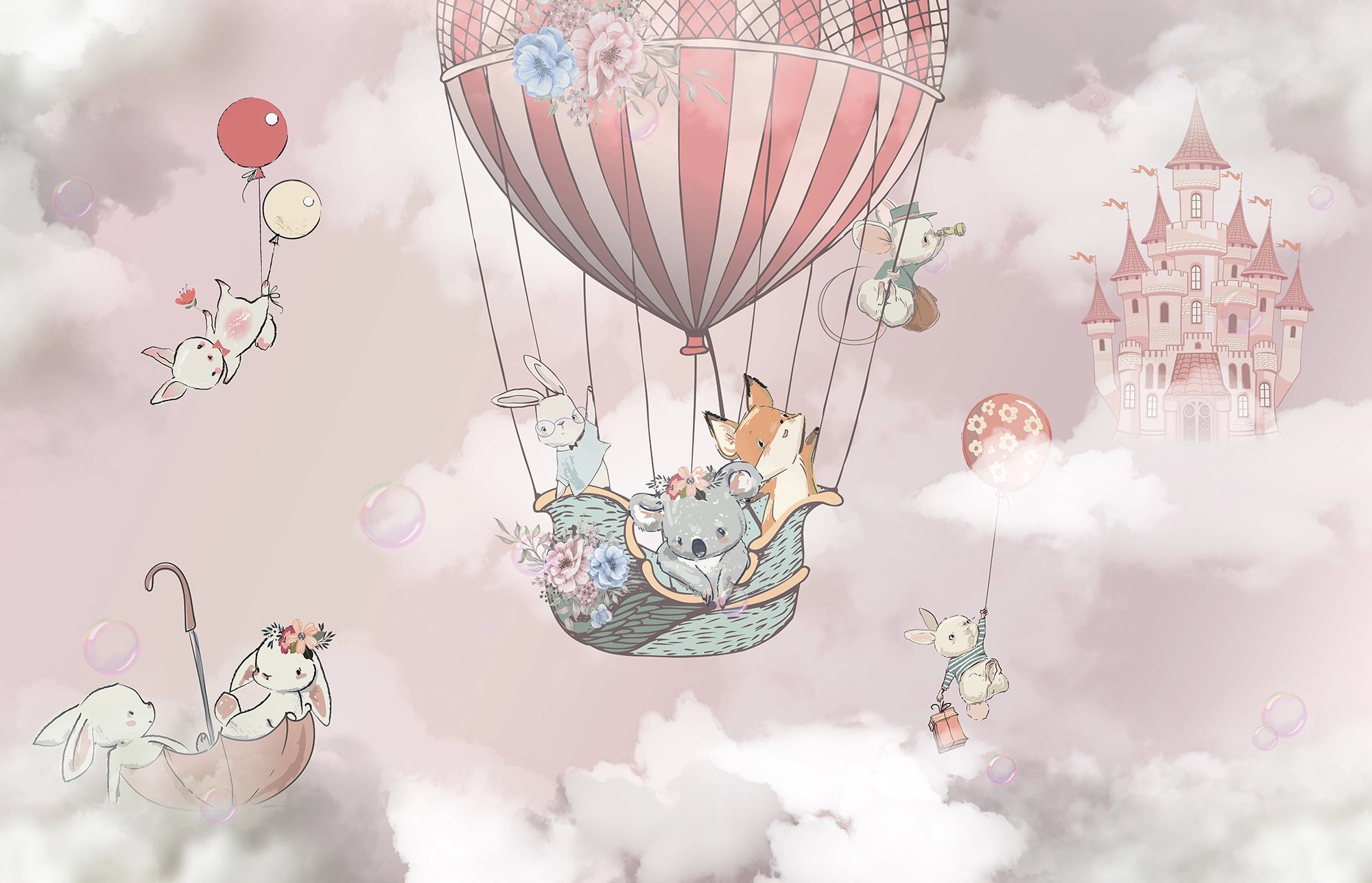 Children's wallpaper fox in hot air balloon