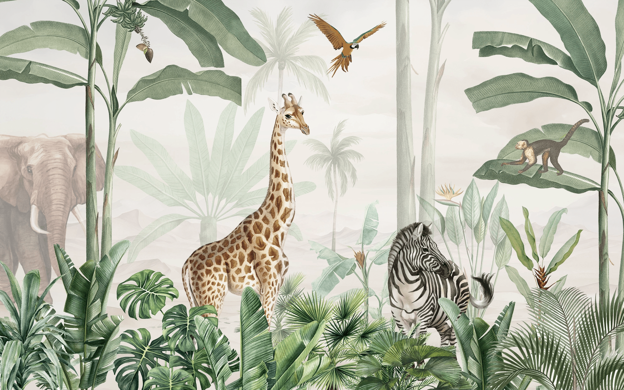 Papier Peint Exotique Girafe et Faune Tropicale - Kam et Léon