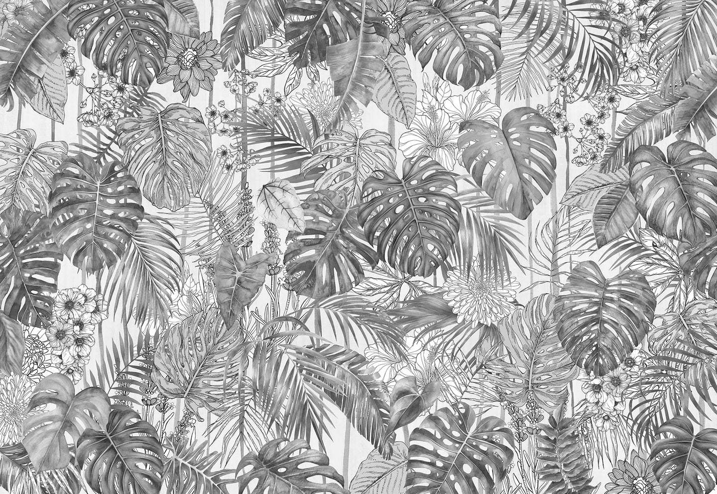 Papier peint feuille exotique noir et blanc - Kam et Léon