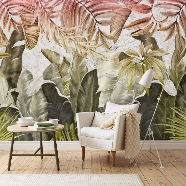 Papier peint feuille exotique rose et vert - Kam & Leon