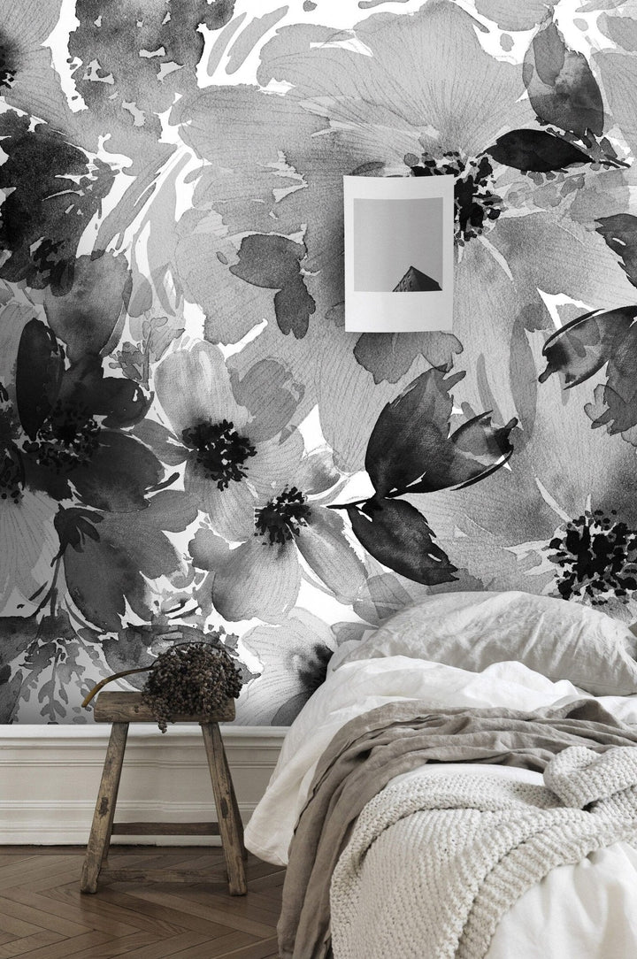 Papier peint fleur abstraite noir & blanc - Kam & Leon