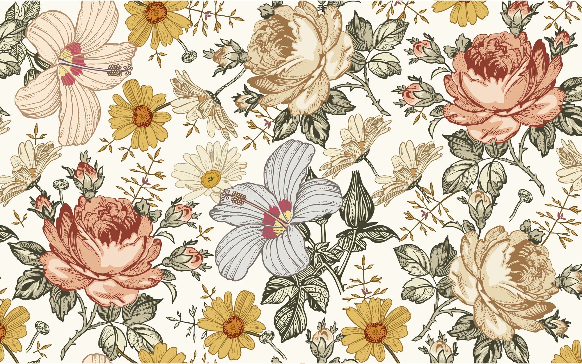 Papier peint fleur rose et jaune