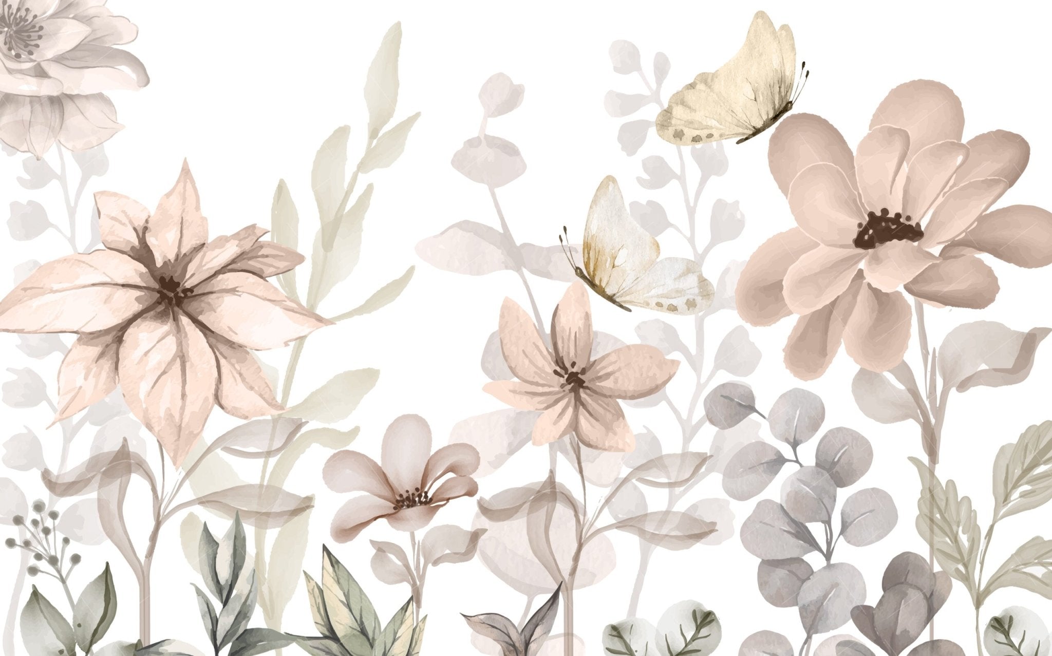 Papier peint fleurs du jardin et papillons en aquarelle