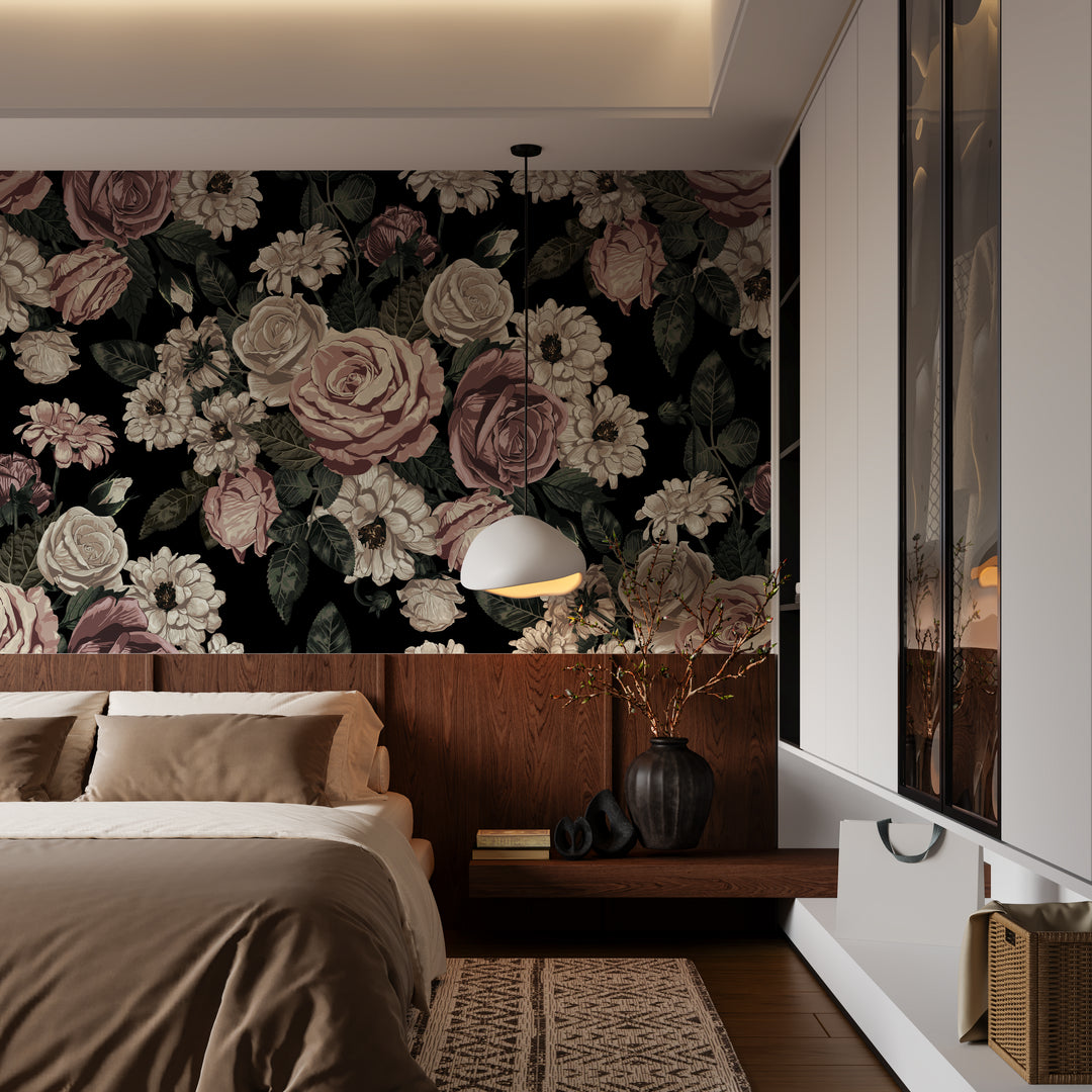 Papier Peint Floral Vintage - Roses Romantiques sur Fond Noir
