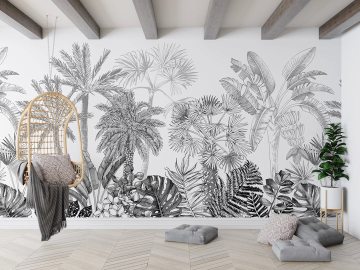 Papier Peint Forêt Tropicale en Noir et Blanc - Kam et Léon