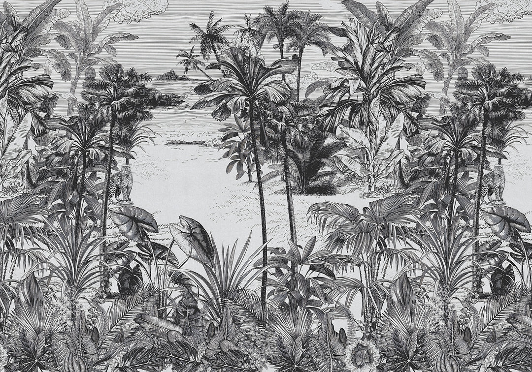 Papier peint forêt tropicale noir et blanc