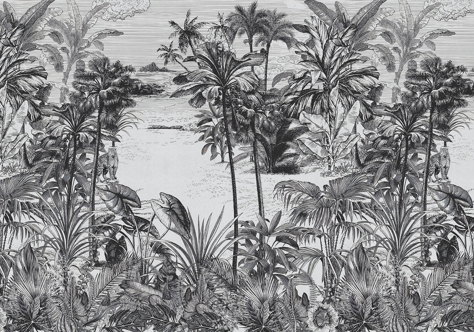 Papier peint forêt tropicale noir et blanc
