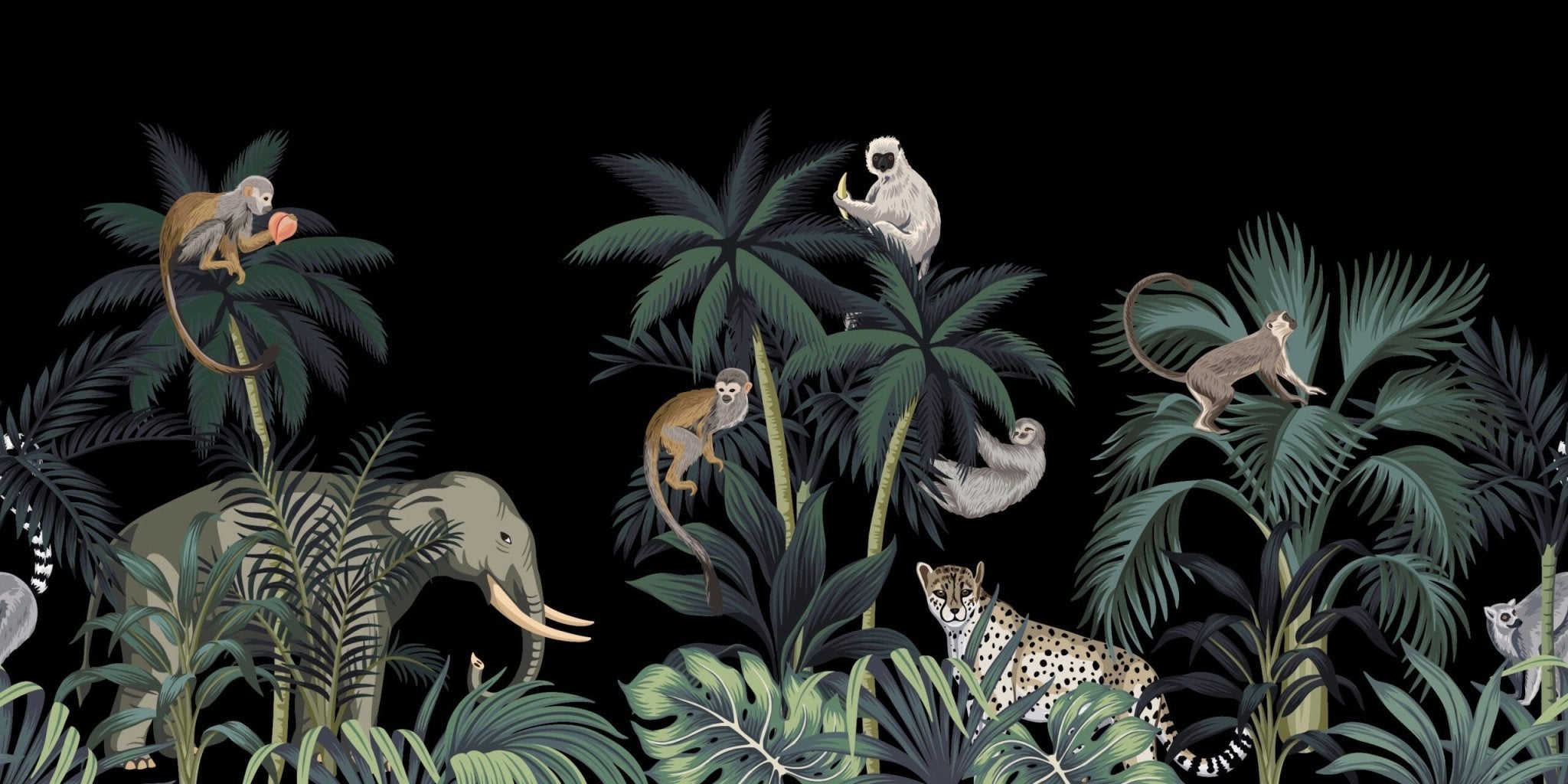 Papel pintado de la selva tropical mono guepardo y elefante