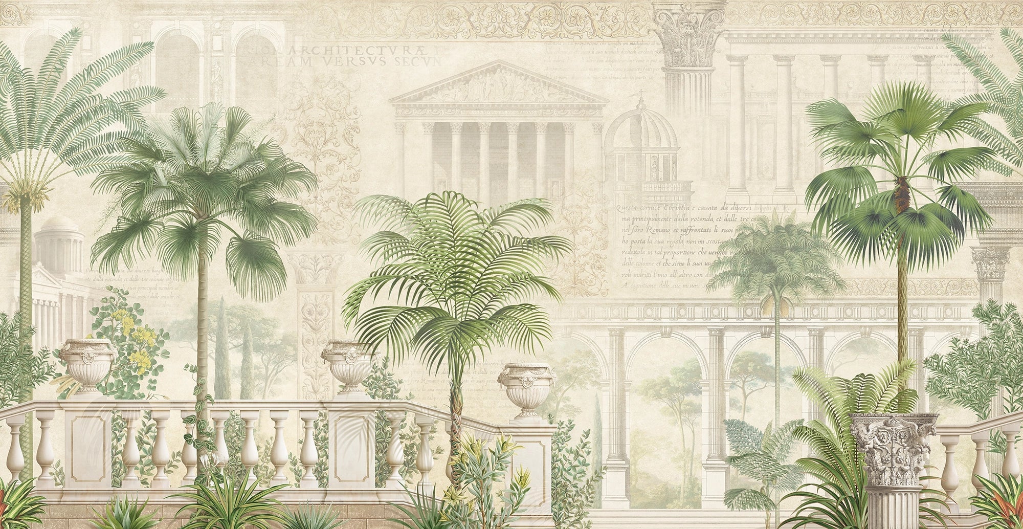 Papier peint fresque architecturale et végétation exotique