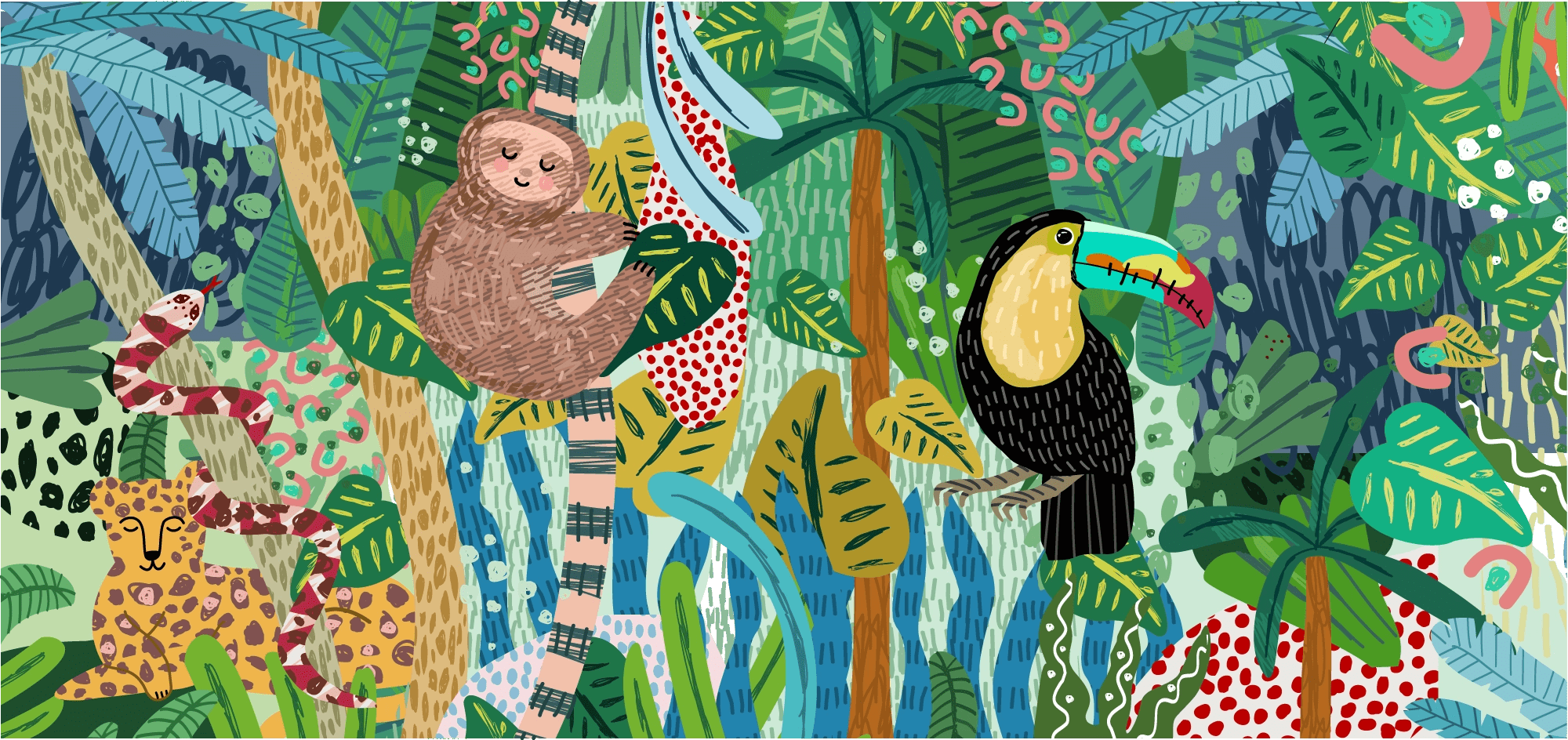 Papier peint Jungle Animaux Coloré