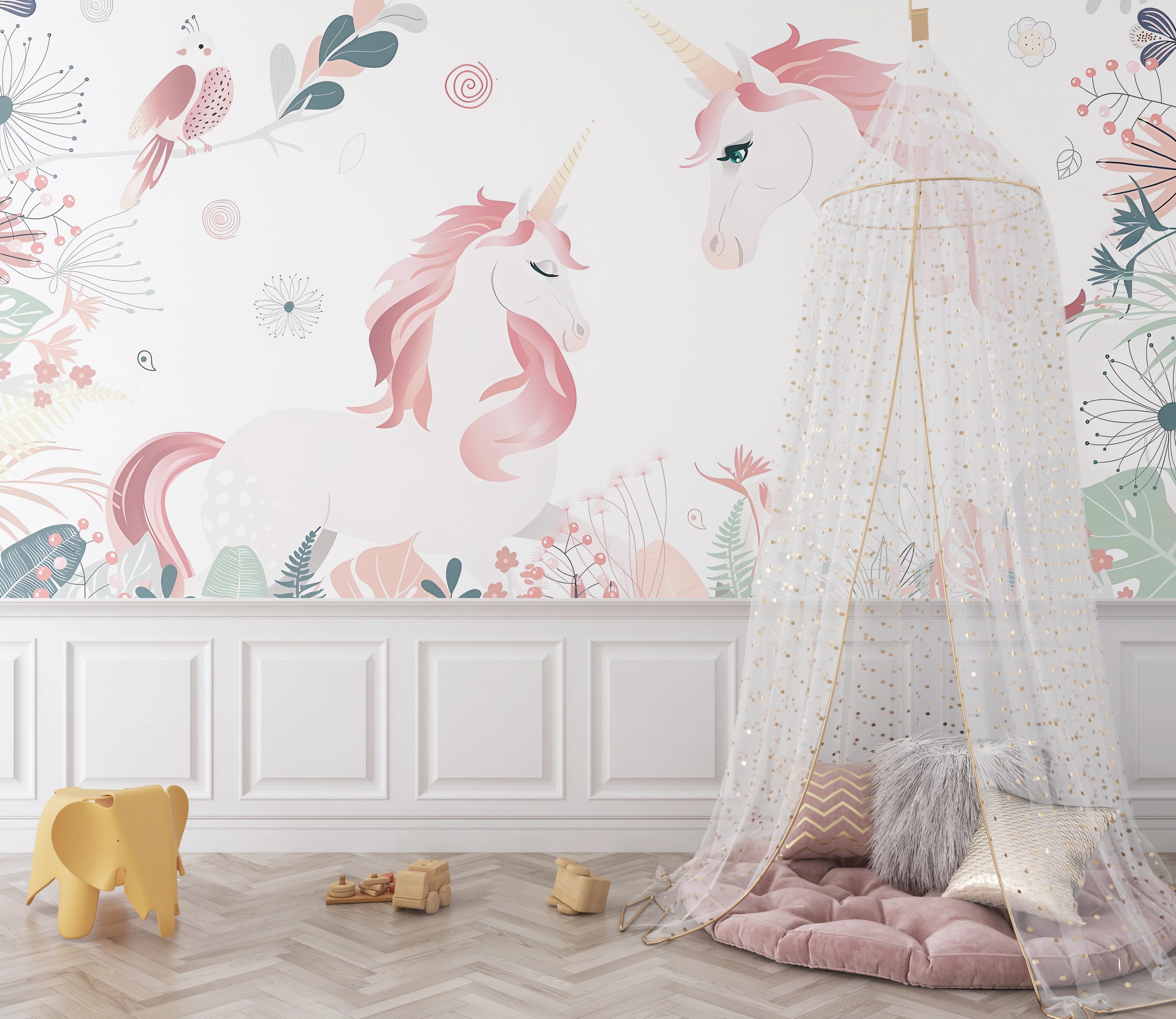 Pink unicorns wallpaper for children's room