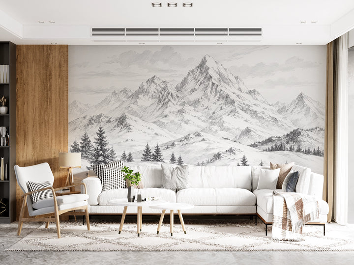 Papier peint panoramique montagne enneigée noir et blanc – Dessin au crayon