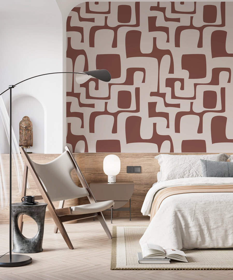 Papier peint motifs abstraits terracotta dans une chambre adulte - Kam & Léon