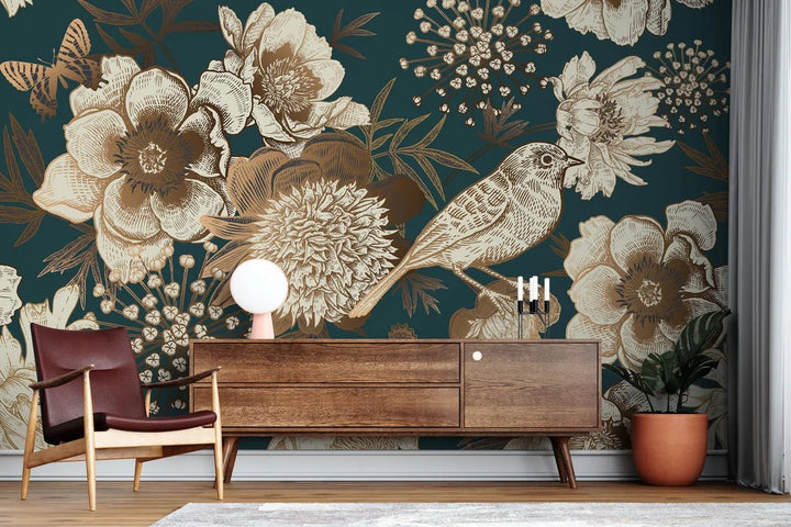 Papier peint Oiseau et Fleurs de Pivoine - Kam & Leon