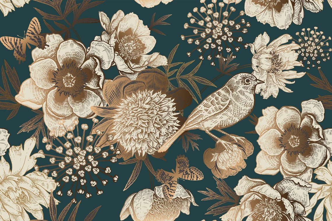 Vogel Tapete, Blumen und Pfingstrosen