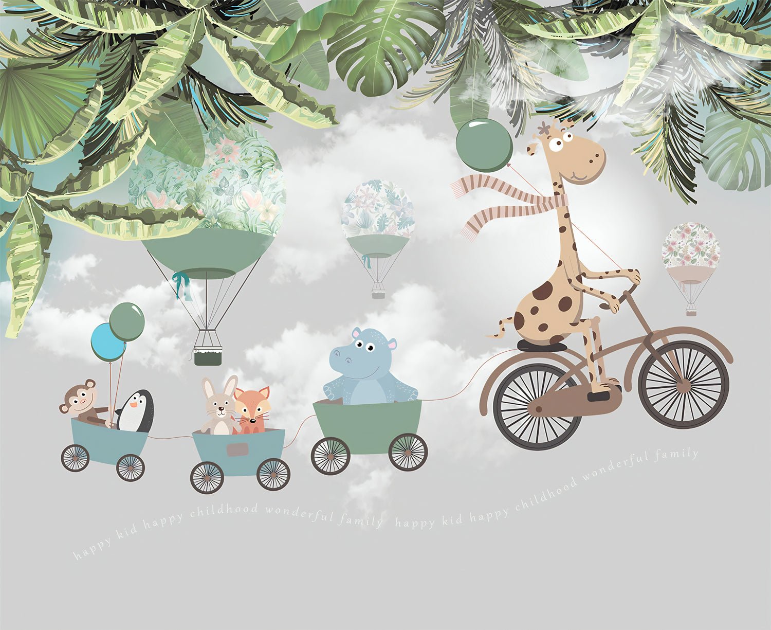 Papier peint panoramique animaux à vélo chambre enfant - Kam & Leon