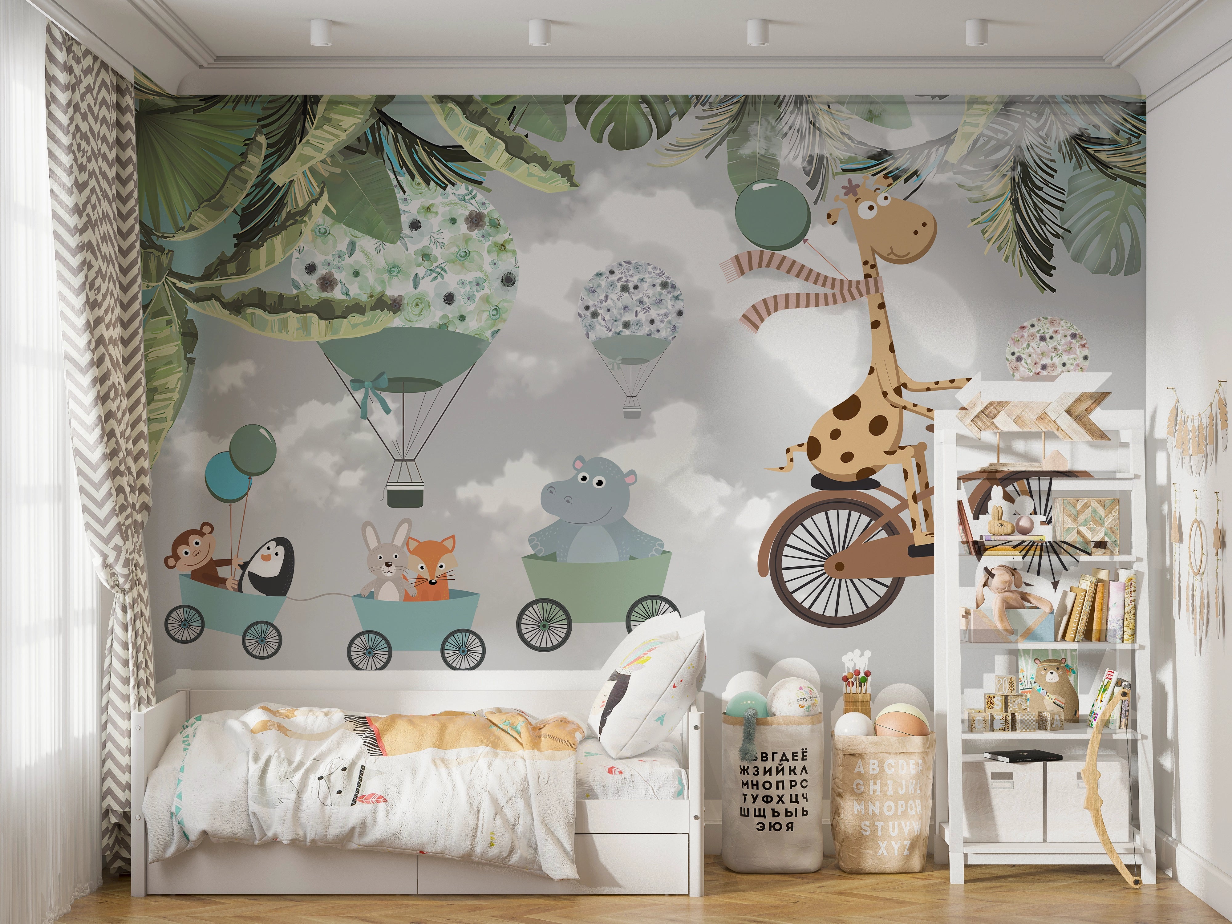 Panoramic wallpaper animals on bikes children's room