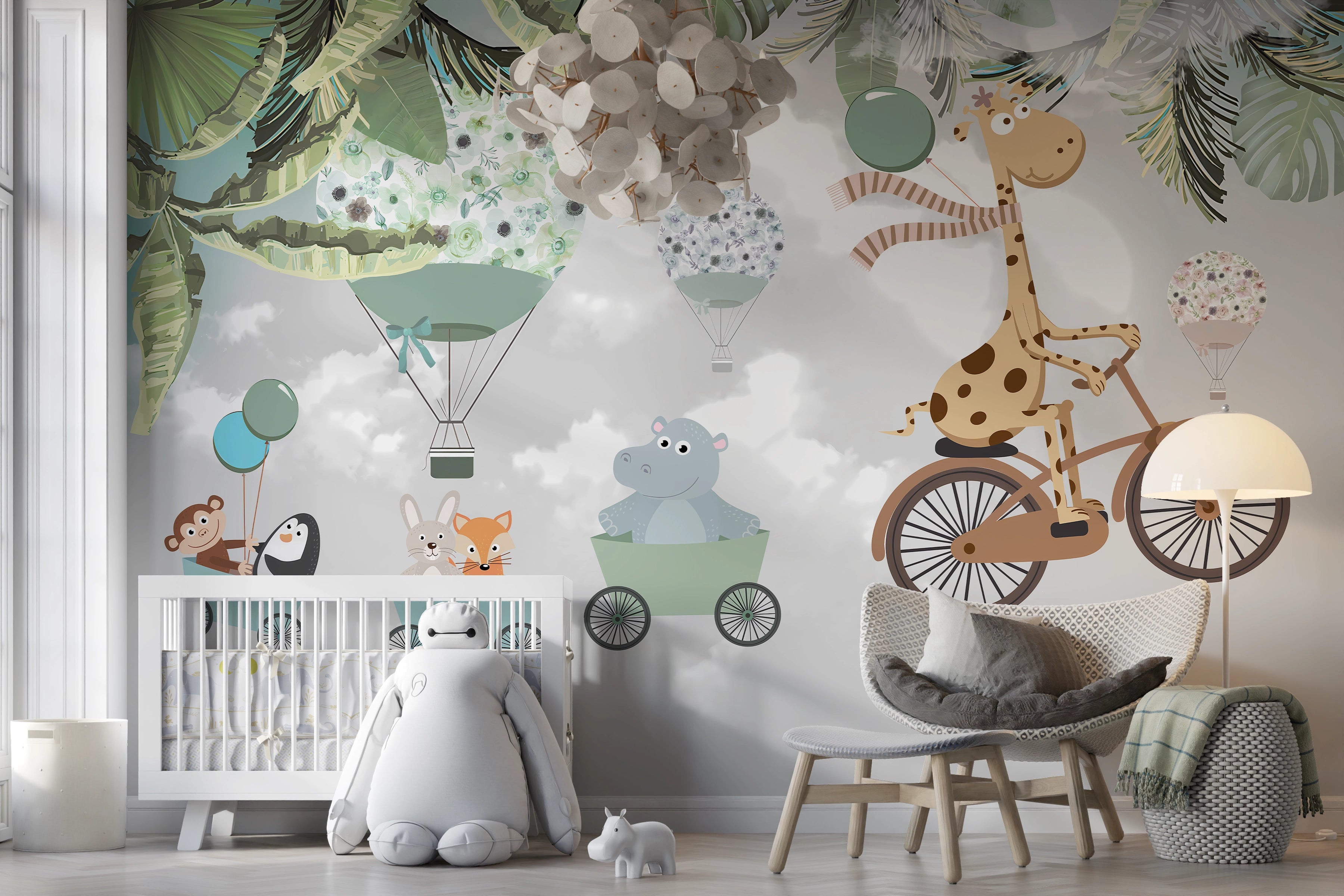 Panoramic wallpaper animals on bikes children's room