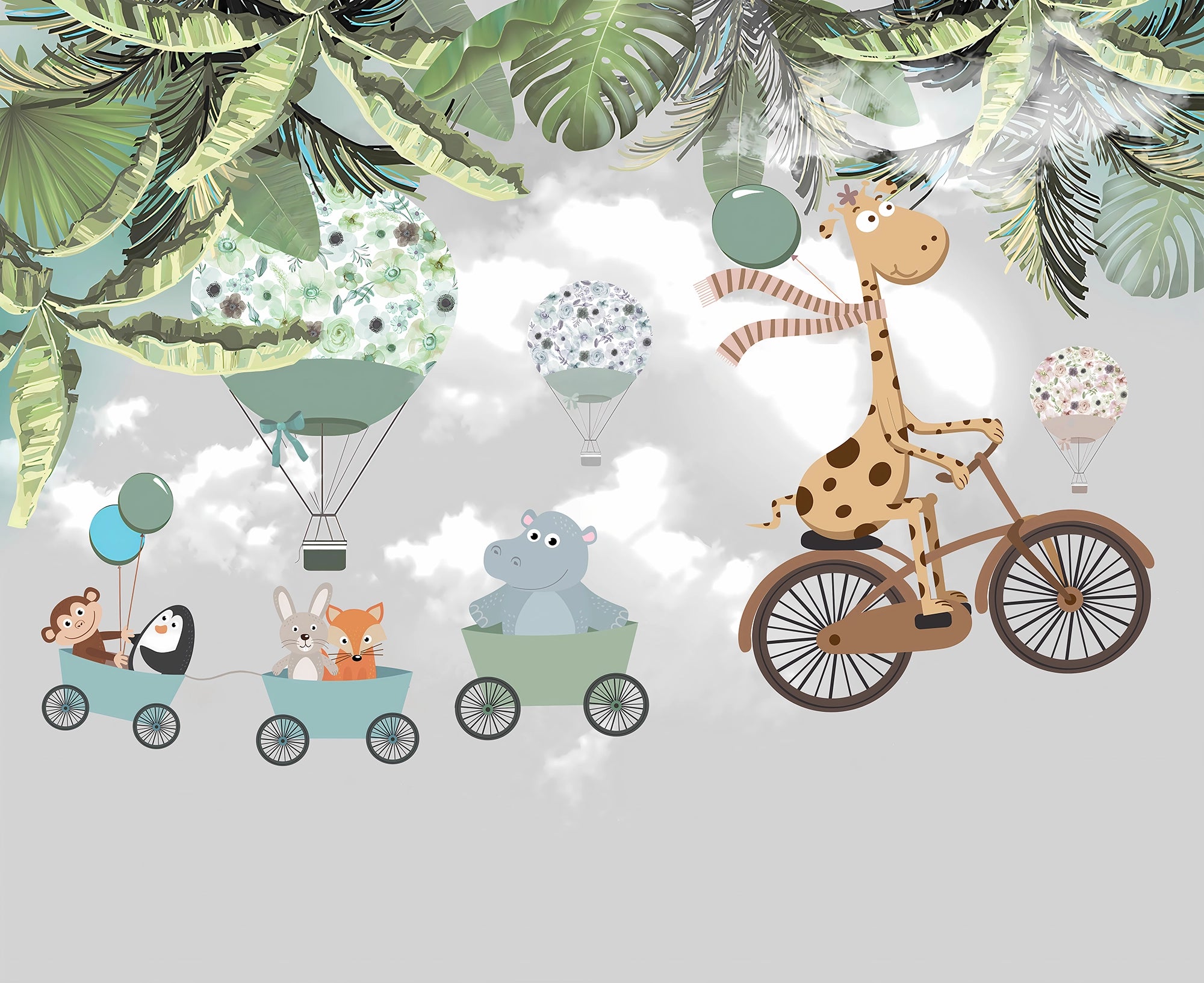 Panoramic wallpaper animals on bikes children's room