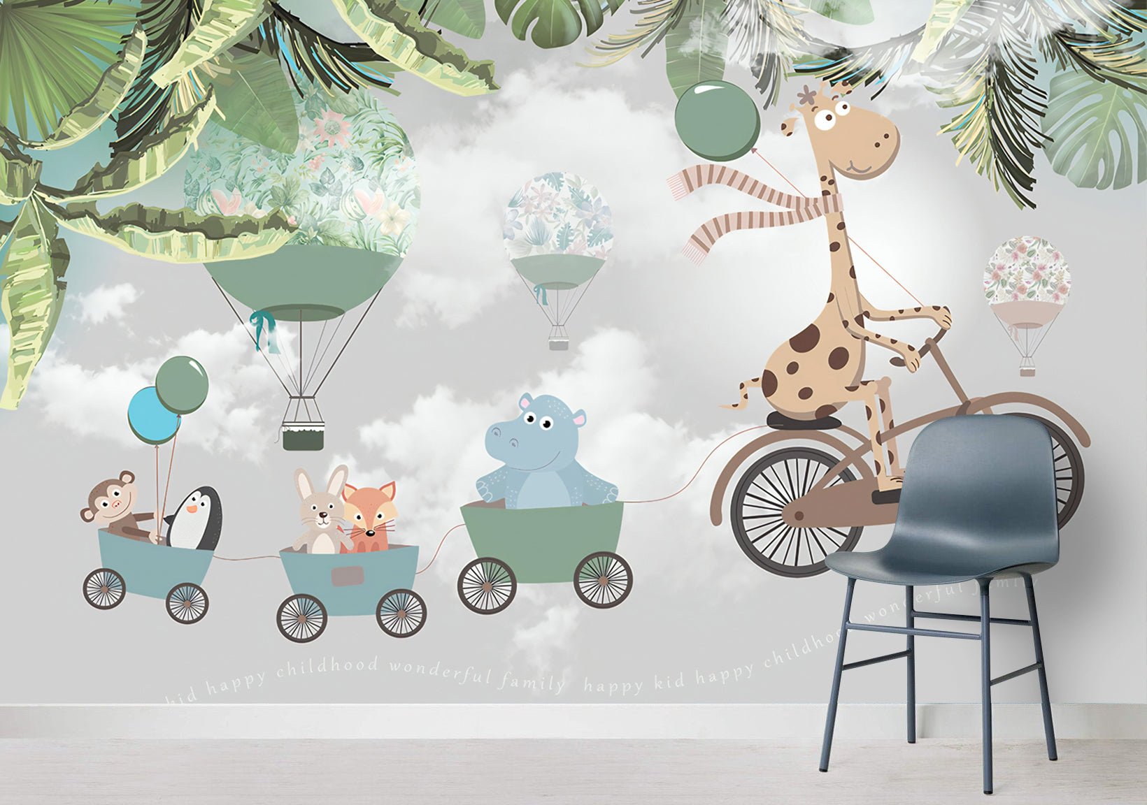 Papier peint panoramique animaux à vélo chambre enfant - Kam & Leon