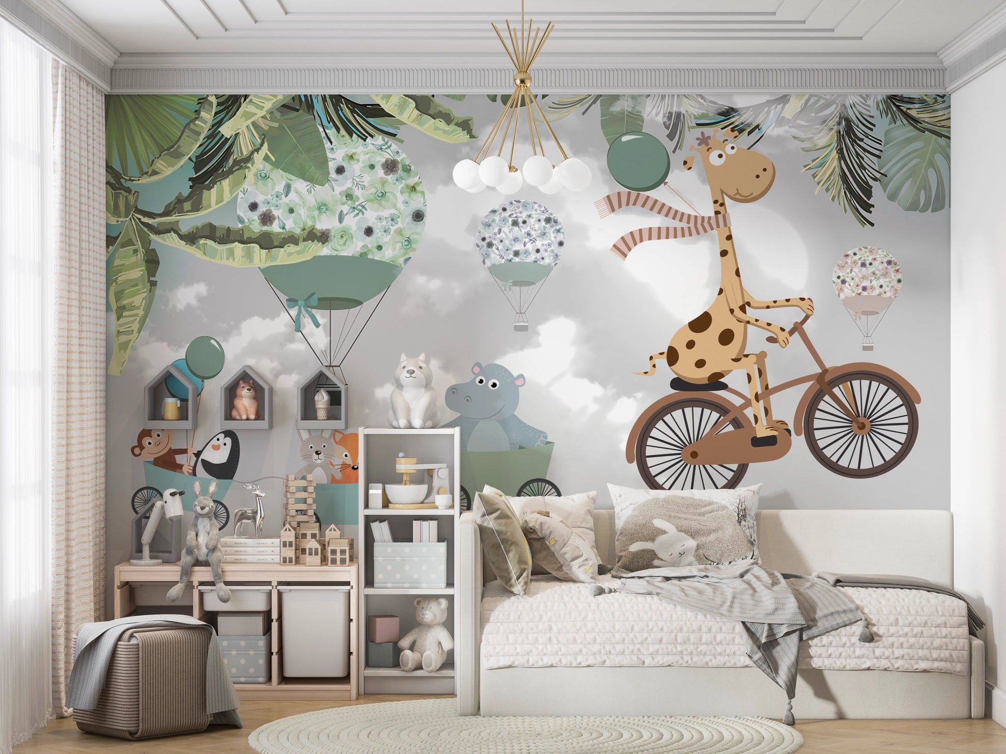 Papier peint panoramique animaux à vélo chambre enfant - Kam et Léon